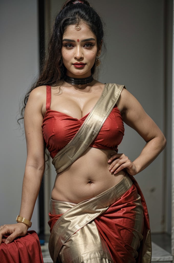 there is a woman in a red sleeveless sari posing for a picture, ((big busty, large breast, juicy cleavage)), wearing a sari, dressed in a sari, wearing sari, provocative indian, attractive pose, posing, very seductive pose, sari, stylish pose, seductive pose, doing an elegant pose, posing elegantly over the camera, wearing a steampunk sari, indian super model, traditional beauty, indian, beautiful pose,xyzsanbridaldress, realism,sari