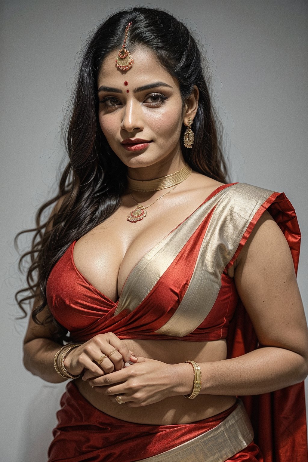 there is a woman in a red sleeveless sari posing for a picture, ((big busty, large breast, juicy cleavage)), wearing a sari, dressed in a sari, wearing sari, provocative indian, attractive pose, posing, very seductive pose, sari, stylish pose, seductive pose, doing an elegant pose, posing elegantly over the camera, wearing a steampunk sari, indian super model, traditional beauty, indian, beautiful pose,xyzsanbridaldress, realism,sari,photorealistic