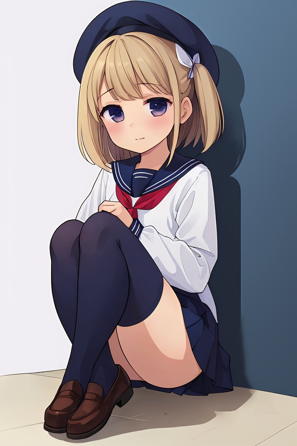 ((masterpiece, best quality, ultra-detailed, very fine 8KCG wallpapers)), 1 girl, solo, pretty girl, sailor uniform, navy blue knee high socks, brown loafers,