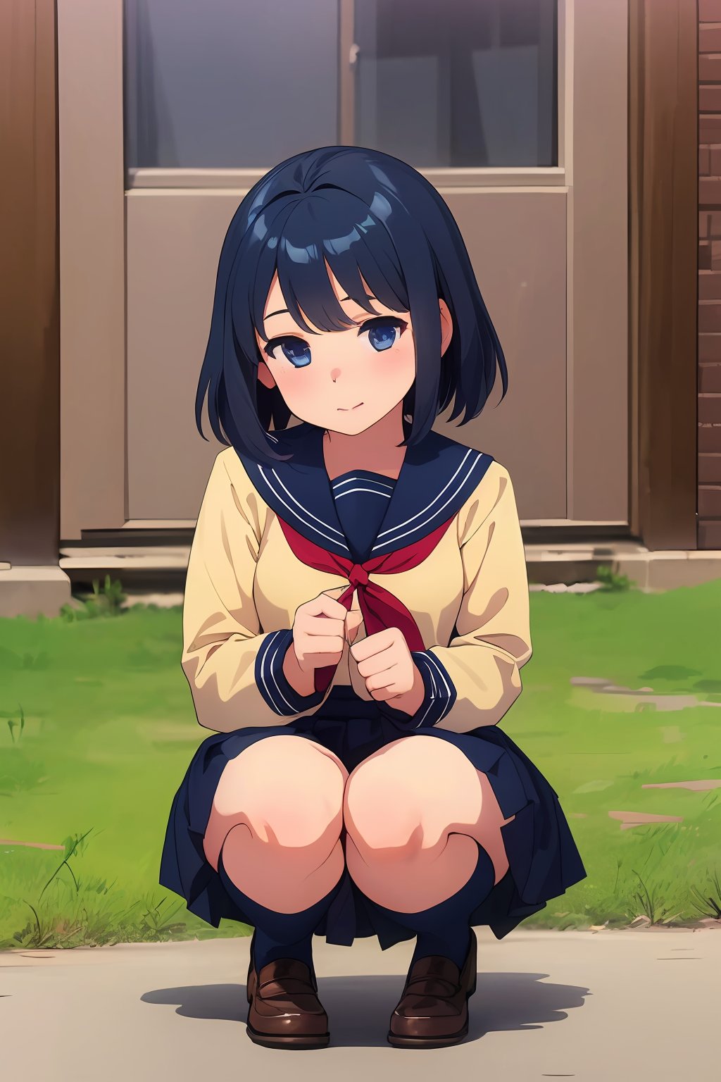 ((masterpiece, best quality, ultra-detailed, very fine 8KCG wallpapers)), 1 girl, solo, pretty girl, sailor uniform, navy blue knee high socks, brown loafers,