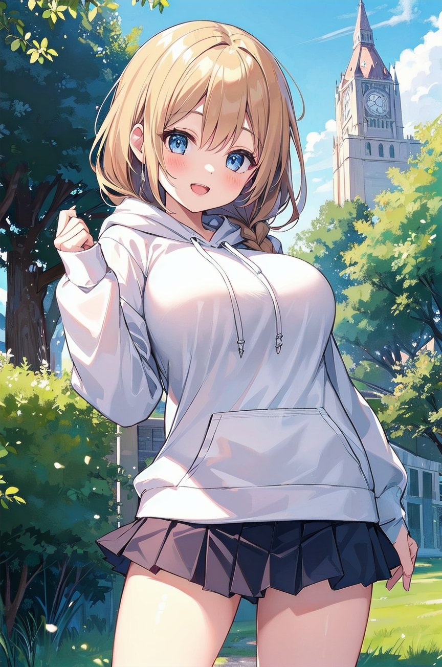 1girl,braids,((white),(hoodie)),(mini pleated skirt),huge breasts,happy,(beautiful background illustration),