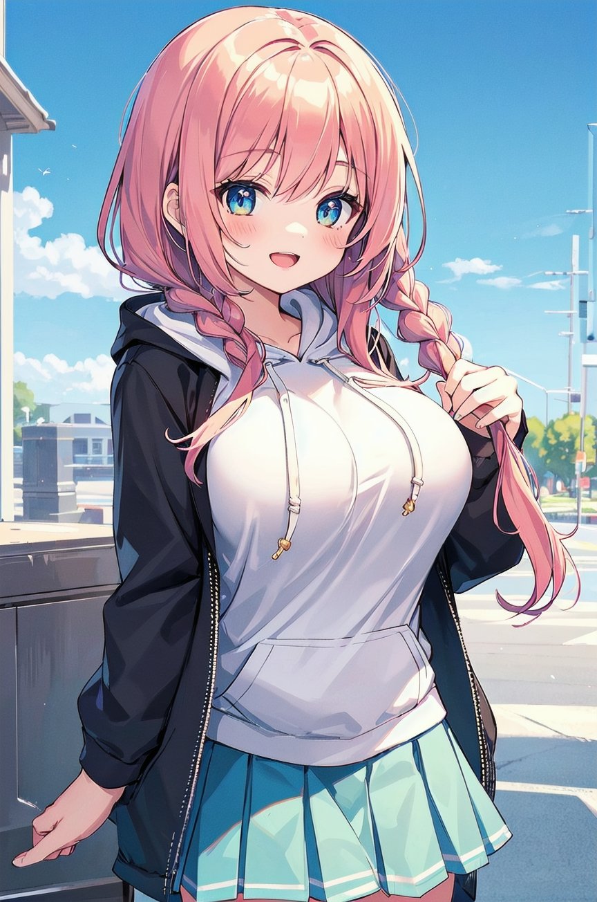 1girl,braids,((white),(hoodie)),(mini pleated skirt),huge breasts,happy,(beautiful background illustration),