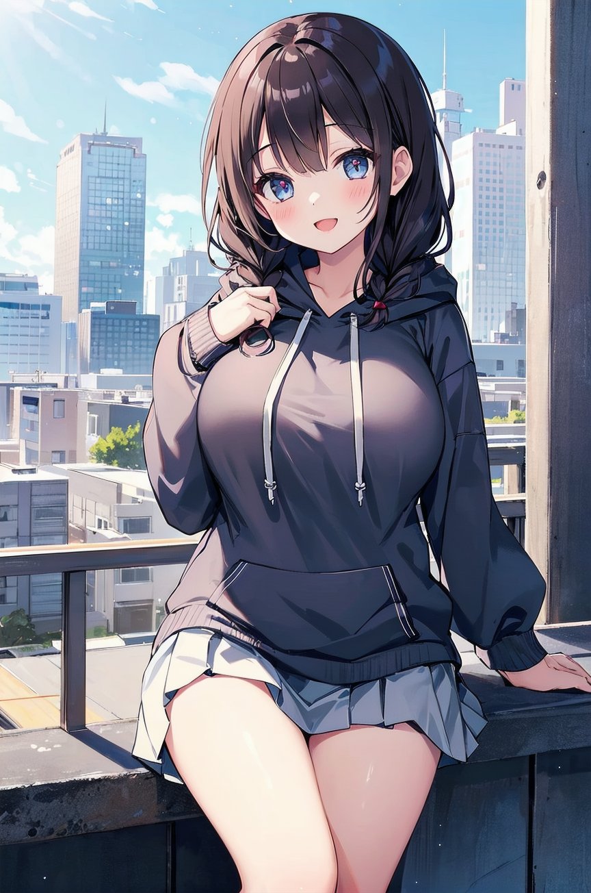 1girl,braids,((white),(hoodie)),(mini pleated skirt),huge breasts,happy,(beautiful background illustration),