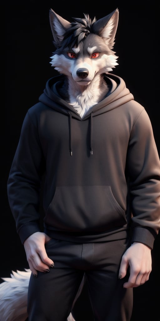 ((masterpiece, best quality:1.4)), bokeh, fluffy, 3d, animal hands, furry male, solo, anthro, wolf boy, cowboy shot, hand on hip, black hair, grey fur, red eyes, short hair, black hoodie, long sleeves, long tail, black pants, bulge, black background, 