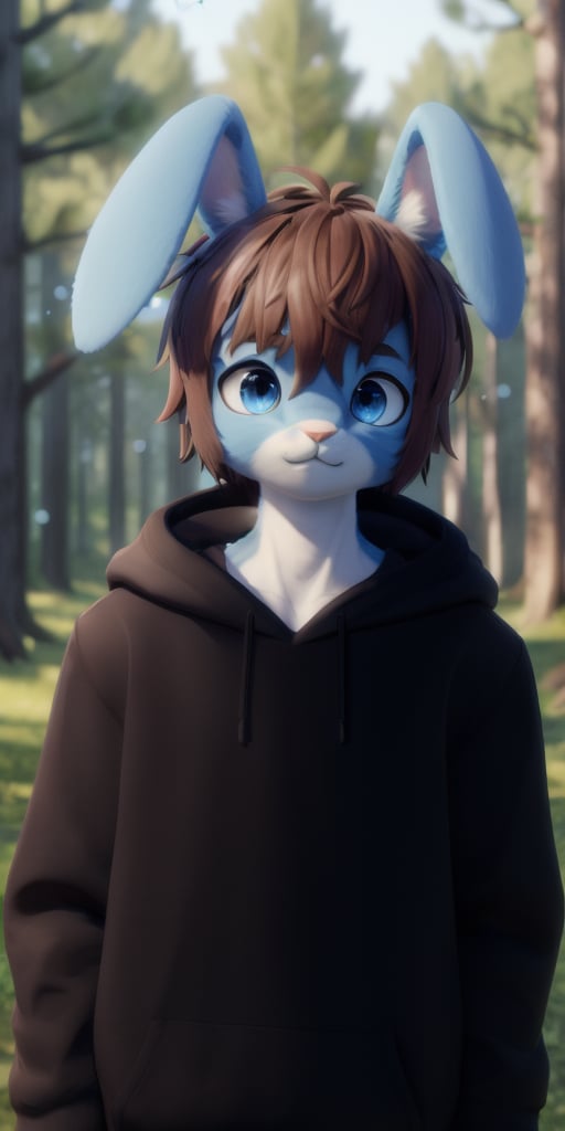 ((masterpiece, best quality:1.4)), bokeh, fluffy, 3d, furry male, solo, looking at viewer, anthro, rabbit boy, <lora:Bunny_Arnas_Atakiyo:0.7> arnasbunny, brown hair, short hair, floppy ears, blue fur, black hoodie, long sleeves, forest, tree, blue sky, butterfly, 