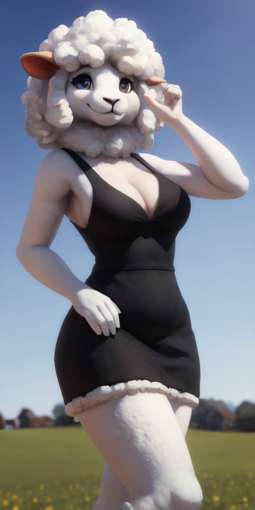 ((masterpiece, best quality:1.4)), bokeh, fluffy, 3d, animal legs,furry female, solo, anthro, full body, looking at viewer,farmer, sheep, smile, sheep tail, medium breasts, black dress,farm, blue sky,