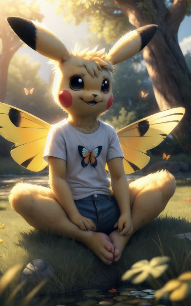 ((masterpiece, best quality:1.4)), bokeh, fluffy, 3d,furry female, solo, looking at viewer, anthro, full body, smile, teeth, pikachu, pokemon \(creature\), butterfly hair ornament, butterfly wings, white shirt, denim shorts, barefoot, park, sunlight, sun, tree, on grass, pond, butterfly,  <lora:butterfly_sitting:0.8> butterfly sitting, <lora:PIKAPOKE:0.7> pikapoke,