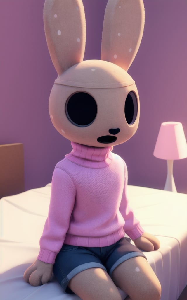 ((masterpiece, best quality:1.4)), bokeh, fluffy, 3d,furry female, solo, looking at viewer, anthro, cowboy shot, <lora:coco-10:0.7> coco_(ac), rabbit, black eyes, hollow eyes, open mouth, pink turtleneck, shorts, sitting on bed, pink room, bedroom, pastel colors, 