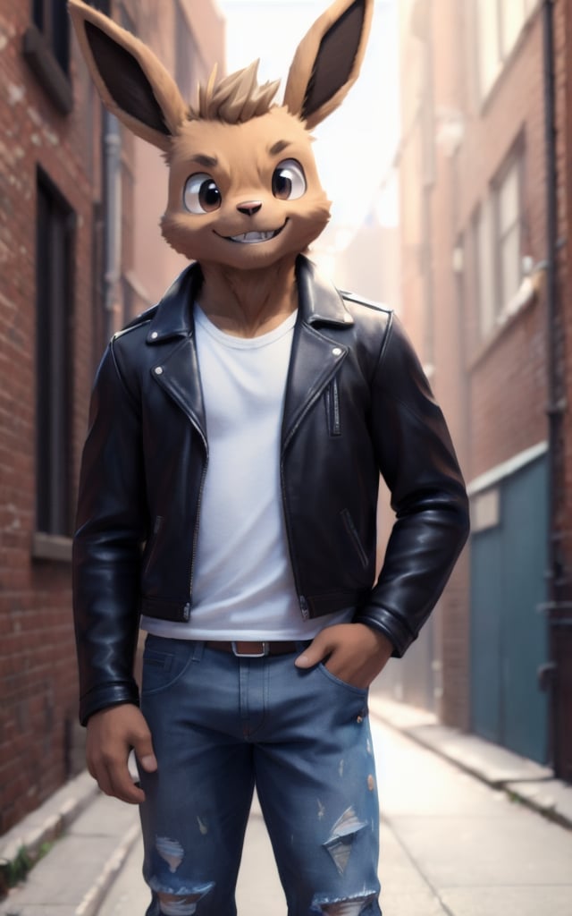 ((masterpiece, best quality:1.4)), bokeh, fluffy, 3d,furry male, solo, looking at viewer, anthro, cowboy shot, smile, teeth,  <lora:F1-Furry-Eeveelution:0.95> eevee, hands in pockets, leather jacket, torn jeans, alleyway, 