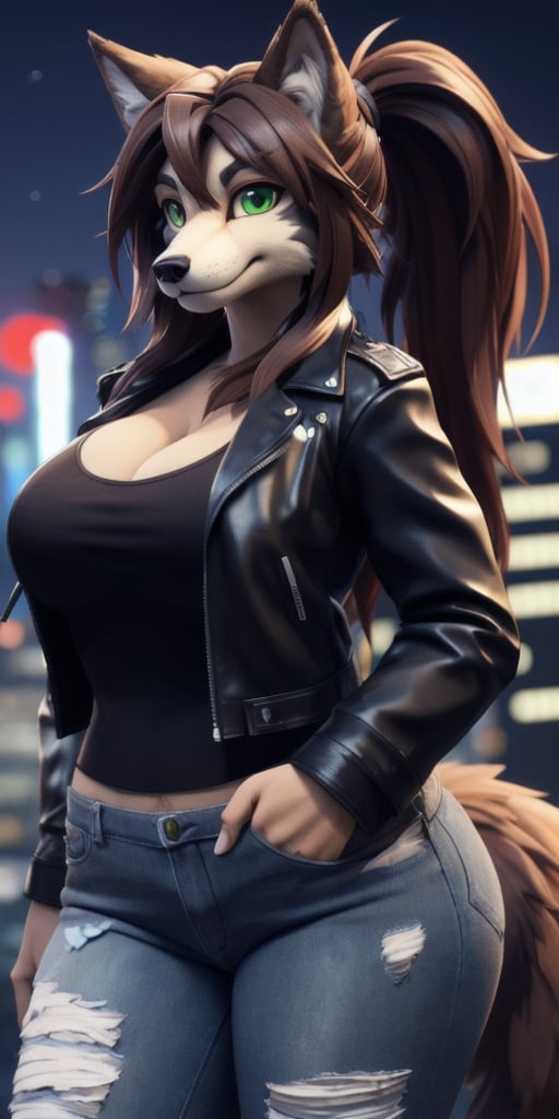 ((masterpiece, best quality:1.4)), bokeh, fluffy, 3d,furry female, solo, looking at viewer, anthro,wolf, furry wolf, brown hair, long hair, ponytail, light brown fur, green eyes, large breasts, wide hips, leather jacket, torn jeans, open jacket, long tail,tokyo \(city\), city, city lights, night,