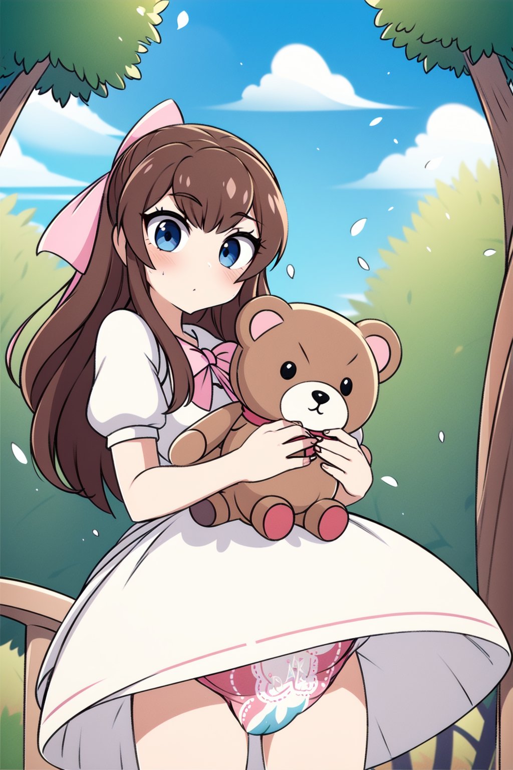 Messy Diaper, Pacifer, Girl, 1girl, solo, long hair, looking at viewer, blush, bangs, blue eyes, brown hair, dress, bow, holding, closed mouth, standing, short sleeves, hair bow, cowboy shot, outdoors, puffy sleeves, bowtie, white dress, puffy short sleeves, blue bow, stuffed toy, stuffed animal, pink bow, teddy bear, object hug, holding stuffed toy, in a toy store, ,diaper,lala