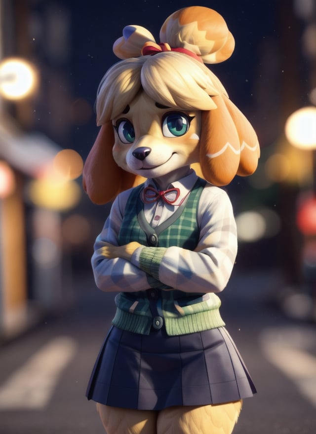 ((masterpiece, best quality:1.4)), bokeh, fluffy, 3d,female, solo, female focus, solo focus, three-quarter portrait, front view, looking at viewer, standing, smile,  <lora:isabelleAnimalCrossingV2:0.8> isaCrossing, topknot, furry, green cardigan, white shirt, blue skirt, red ribbon, checkered pattern,animal crossing, isabelle \(animal crossing\), 