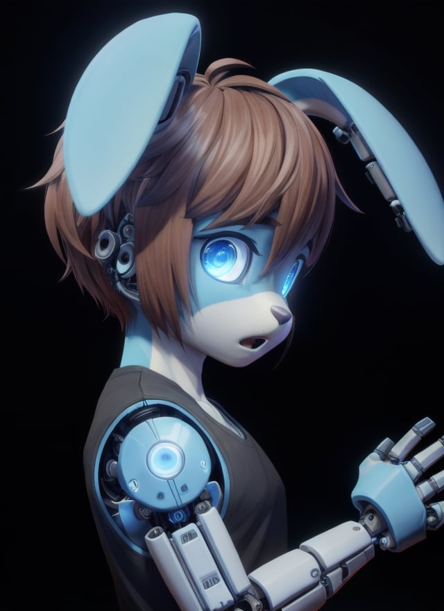 ((masterpiece, best quality:1.4)), bokeh, fluffy, 3d,male, solo, male focus, solo focus, portrait, from side, looking at viewer, shocked, horrified,  <lora:Bunny_Arnas_Atakiyo-10:0.85> arnasbunny, blue body, blue eyes, brown hair, short hair, floppy ears, black tank top, (((mechanical arm))), glowing eyes, black background, simple background, 