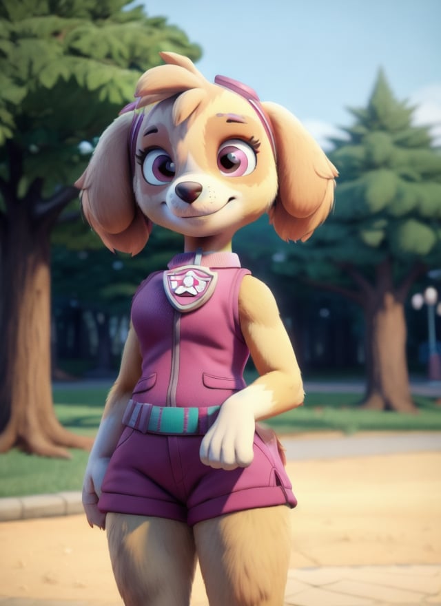 ((masterpiece, best quality:1.4)), bokeh, fluffy, 3d,female, solo, female focus, solo focus, full-length portrait, front view, looking at viewer, standing, smile, <lora:Skye_PawPatrol-10:0.8> skyepawpatrol, skye \(paw patrol\), goggles, pink vest, sleeveless, bottomless, park, 