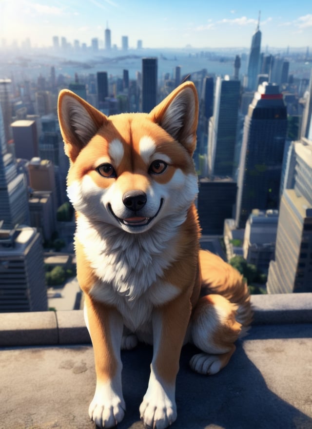 ((masterpiece, best quality:1.4)), bokeh, fluffy, 3d,solo, feral, full-length portrait, animal focus, solo focus, smile, high-angle view,shiba inu,sitting,outside, city background, tree, blue sky, sunlight,