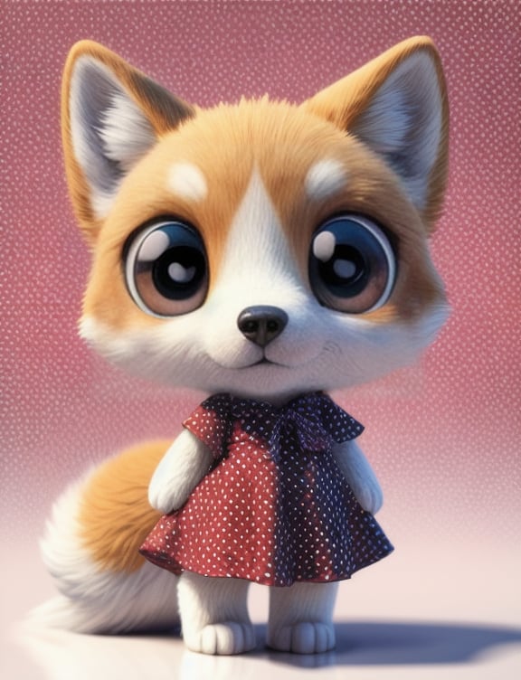 ((masterpiece, best quality:1.4)), bokeh, fluffy, 3d,furry female, solo, anthro, full-length portrait, shiba inu, chibi, cub, polka dot dress, (dotted background:1.1), 