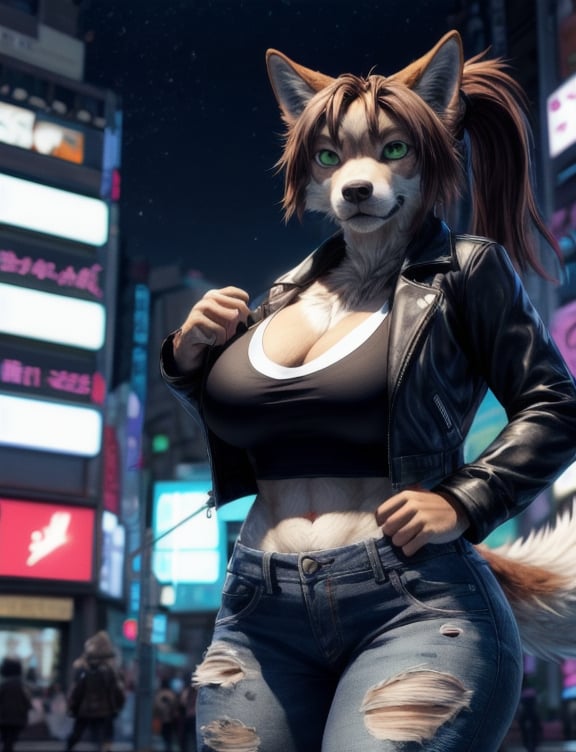 ((masterpiece, best quality:1.4)), bokeh, fluffy, 3d,furry female, solo, looking at viewer, anthro, action pose, wolf, furry wolf, brown hair, long hair, ponytail, light brown fur, green eyes, large breasts, wide hips, leather jacket, torn jeans, open jacket, long tail,tokyo \(city\), city, city lights, night,