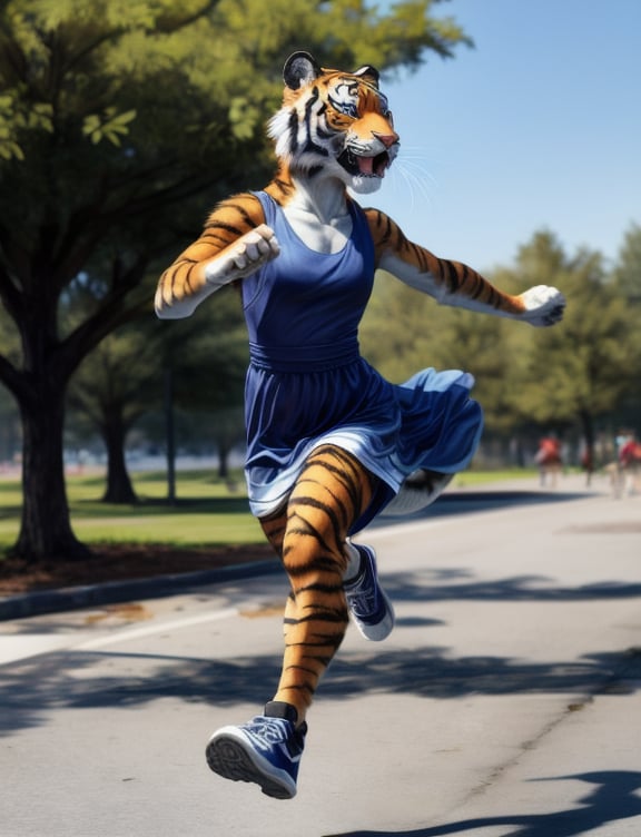 ((masterpiece, best quality:1.4)), bokeh, fluffy, 3d, female focus, solo, (anthro:1.4), three-quarter portrait, :d,tiger, dress, running, action pose, summer, park, tree, 