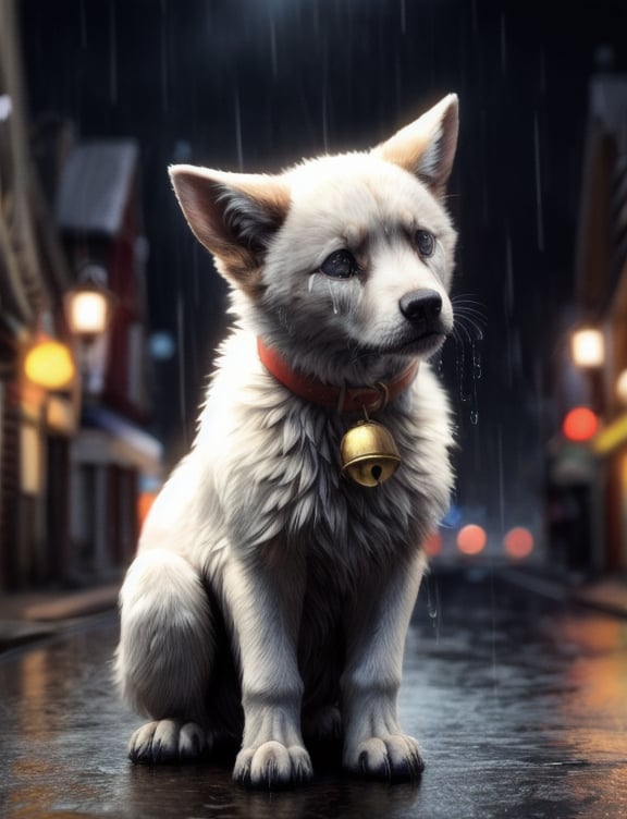 ((masterpiece, best quality:1.4)), bokeh, fluffy, 3d,solo, (feral:1.4), full-length portrait, pantherine, bell collar, sad, tears, raining, town, 