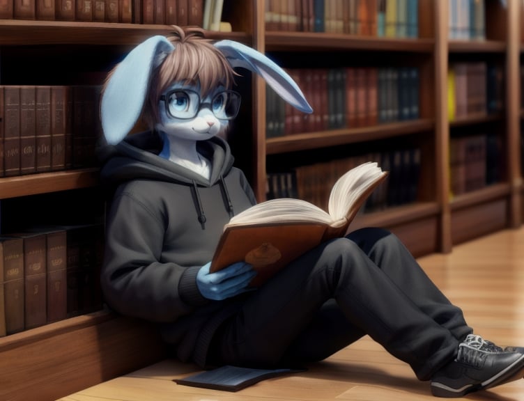 ((masterpiece, best quality:1.4)), bokeh, fluffy, 3d,furry male, solo, anthro, full-length portrait, <lora:Bunny_Arnas_Atakiyo:0.75> arnasbunny, blue eyes, blue body, short hair, brown hair, rabbit, floppy ears, (brown:1.2) tail, scut tail, black hoodie, black pants, black shoes, reading, reading book, black glasses, library, on front, lying, 