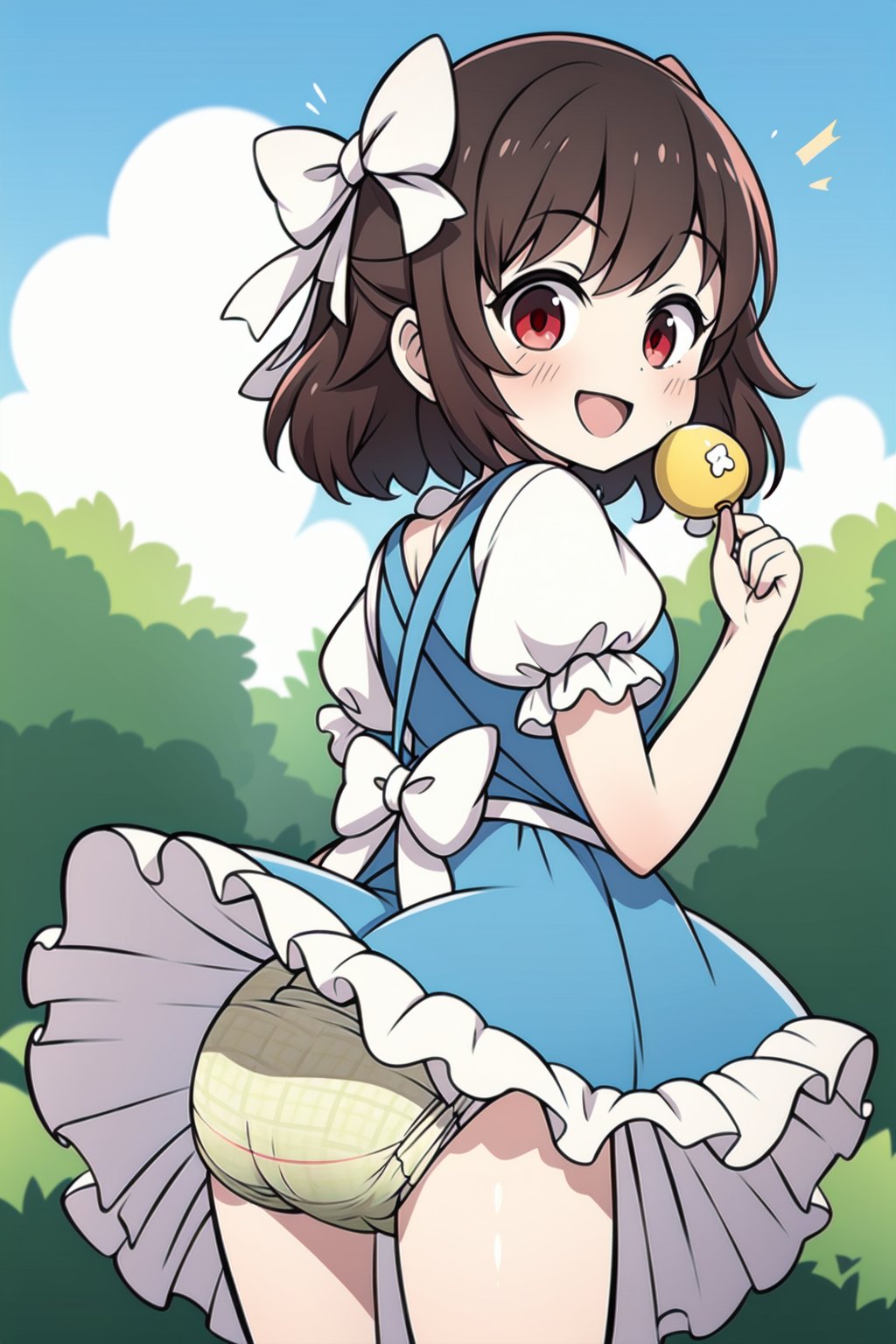 Messy Diaper, Pacifier, Girl, 1girl, solo, looking at viewer, smile, short hair, open mouth, bangs, brown hair, black hair, red eyes, dress, bow, short sleeves, :d, hair bow, frills, puffy sleeves, looking back, puffy short sleeves, plaid, blue dress, frilled dress, white bow, skirt hold, plaid dress,