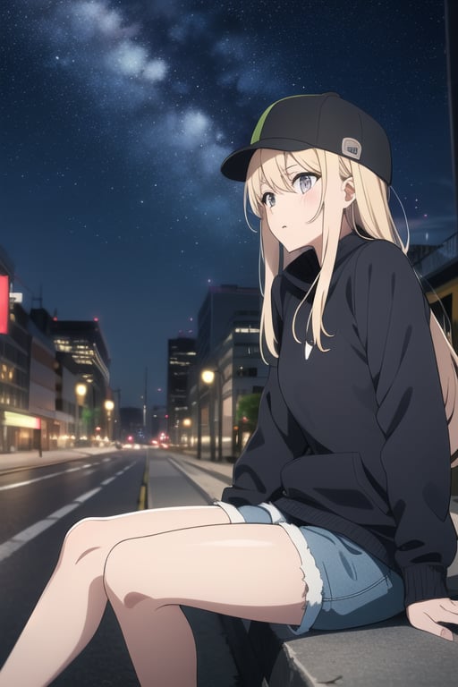 1girl, long cream hair, urban clothing, hat, shorts, sitting on road, thighs,  city street background, night, starry sky, cars