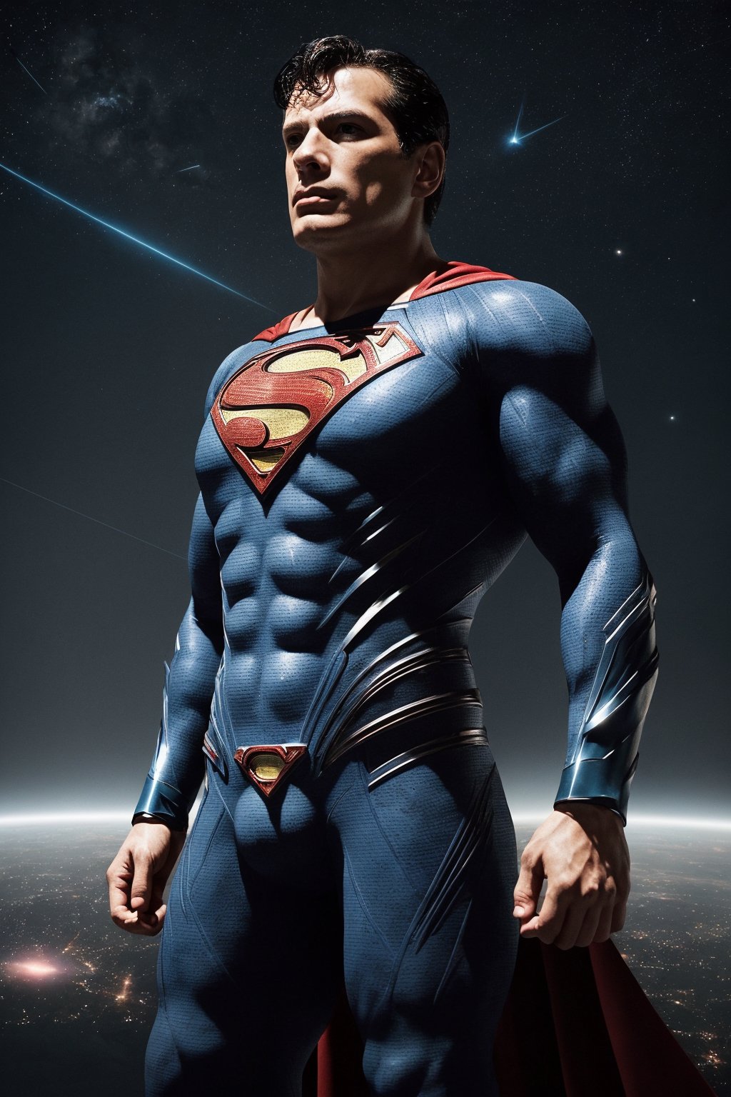 A futuristic Superman suit with a cosmic theme, flying through a meteor shower. The suit is made of a Kryptonian alloy that is incredibly strong and durable. It also has a variety of built-in powers, including heat vision, super strength, and flight. The background is a field of asteroids, with a red giant star in the distance. The special effects include glowing energy lines around the suit, and a cosmic energy field surrounding Superman. Rendered in stunning photorealism, with incredible detail and质感.