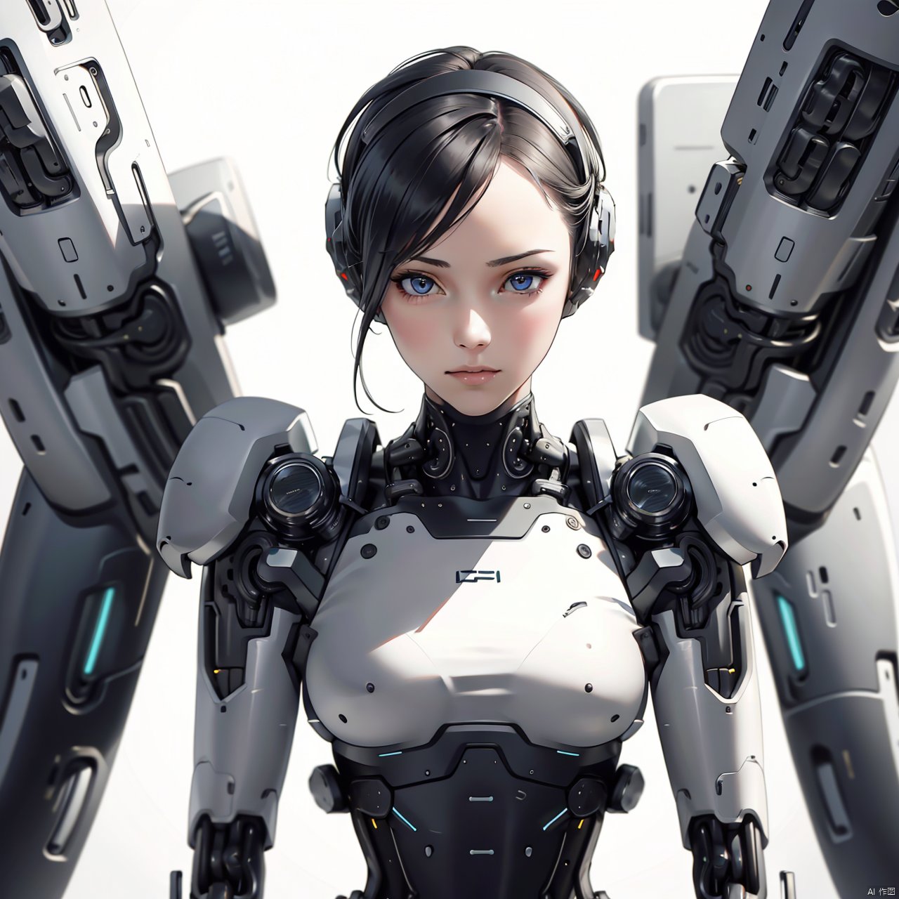 1girl, solo, 
black hair, upper body, lips, science fiction, realistic, cyborg, cyberpunk, robots,