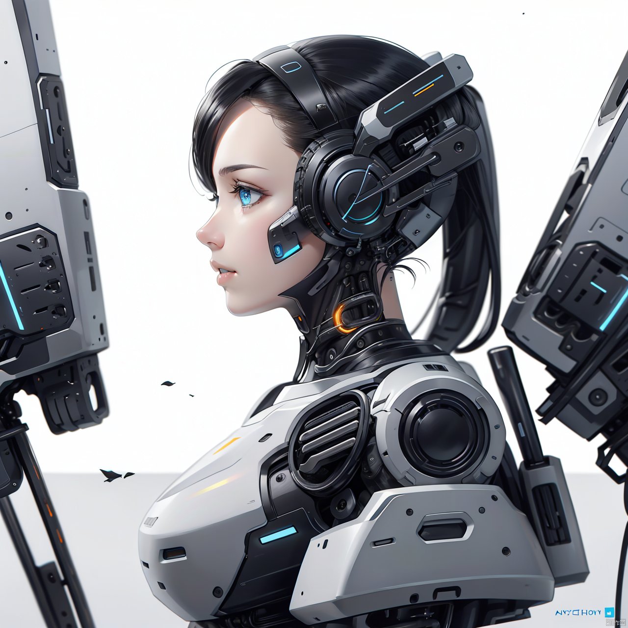  1girl, solo, blue eyes, black hair, upper body, lips, profile, science fiction, realistic, cyborg, cyberpunk, robots,