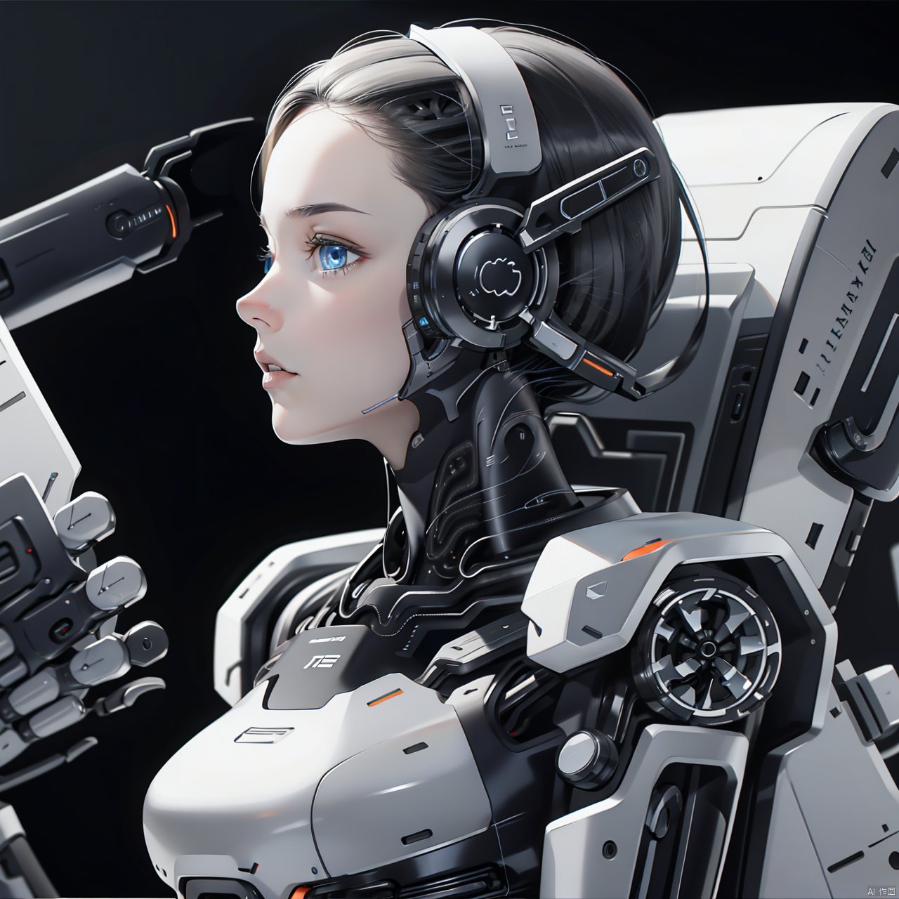 1girl, solo, blue eyes, black hair, upper body, lips, profile, science fiction, realistic, cyborg, cyberpunk, robots, 