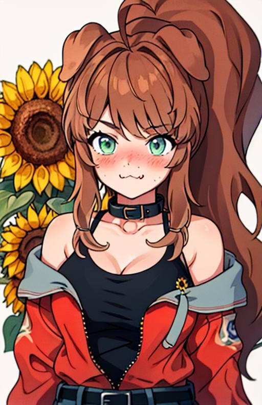 best quality, (masterpiece),(ultra-detailed), (high quality), (high resolution), <lora:LilyBell_VT:0.7>,LilyBell_VT, 1girl, solo, long hair, breasts, blush,  bangs, large breasts, brown hair, animal ears, cleavage, green eyes, collarbone, jacket, upper body, ponytail, flower, ahoge, fang, belt, off shoulder, collar, :3, tank top, dog ears, red jacket, black belt, sunflower, fang out, black tank top