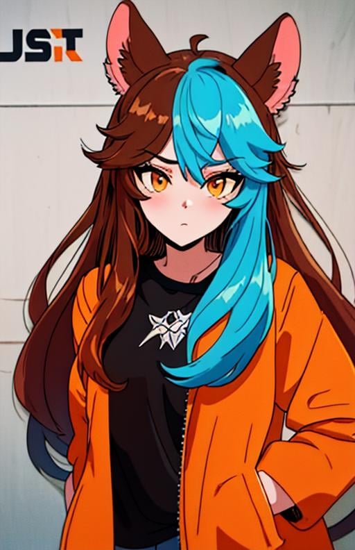 best quality, (masterpiece),(ultra-detailed), (high quality), (high resolution),keiramevt, long hair, multicolored hair, brown hair, blue hair, two-tone hair, bangs, animal ears,<lora:KeirameVT:.7>,black shirt, orange jacket, 