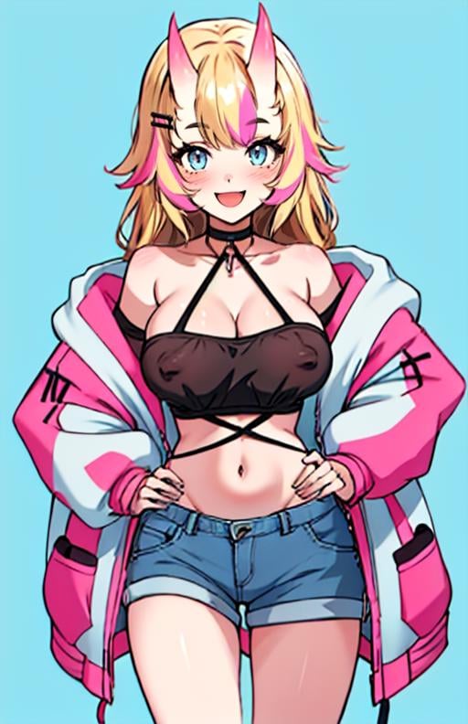 best quality, (masterpiece),(ultra-detailed), (high quality), (high resolution),  <lora:deva_vt:0.7>,deva_vt, 1girl, solo, long hair, breasts, looking at viewer, smile, open mouth, blue eyes, blonde hair, large breasts, simple background, hair ornament, long sleeves, navel, cleavage, bare shoulders, collarbone, jacket, pink hair, :d, multicolored hair, cowboy shot, open clothes, horns, shorts, choker, hairclip, midriff, virtual youtuber, off shoulder, stomach, open jacket, streaked hair, hand on hip, short shorts, halterneck, blue background, black choker, white jacket, denim, oni horns, blue shorts, denim shorts, tube top,nipples, 