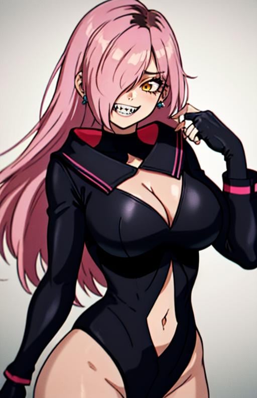 best quality, (masterpiece),(ultra-detailed), (high quality), (high resolution),  <lora:NeneEfthy:0.7>,NeneEfthy, 1girl, solo, long hair, breasts, looking at viewer, smile, gloves, navel, cleavage, brown eyes, jewelry, large breasts, yellow eyes, pink hair, earrings, teeth, black gloves, fingerless gloves, hair over one eye, grin, clothing cutout, cleavage cutout, sharp teeth,brown hair, two-tone hair, leotard, 