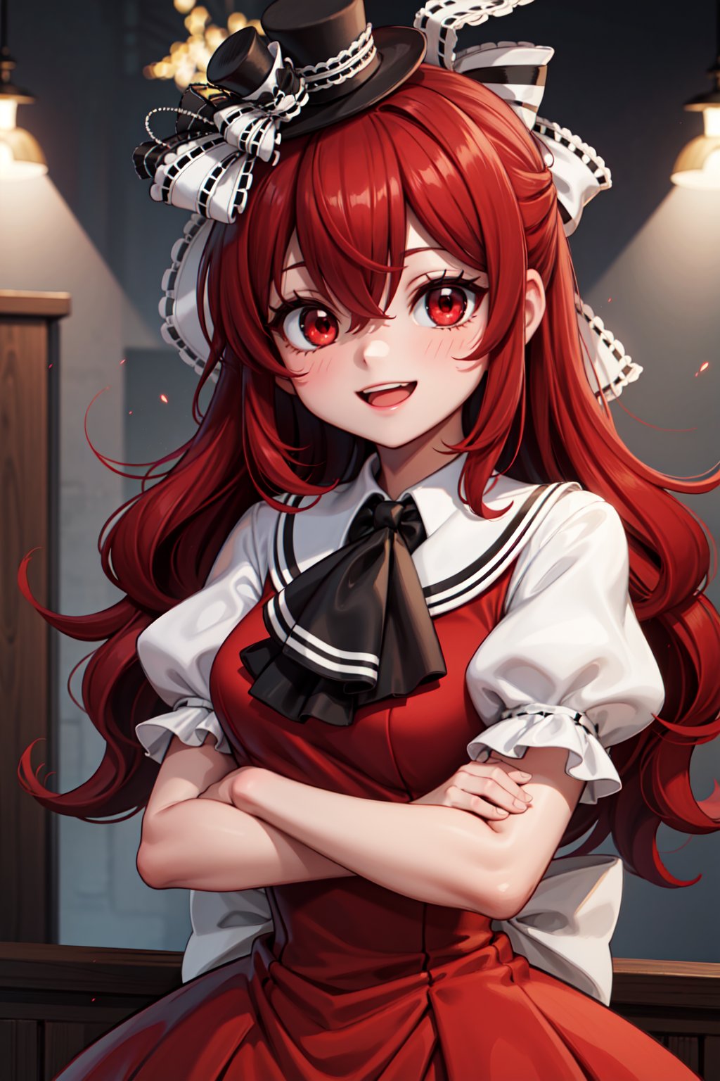 (1girl, solo,Henrietta_grimm, red hair, long hair, red eyes, red dress,puffy sleeves,short sleeves,bow,white sleeves, mini top hat, black ascot,happy, crossing arms)