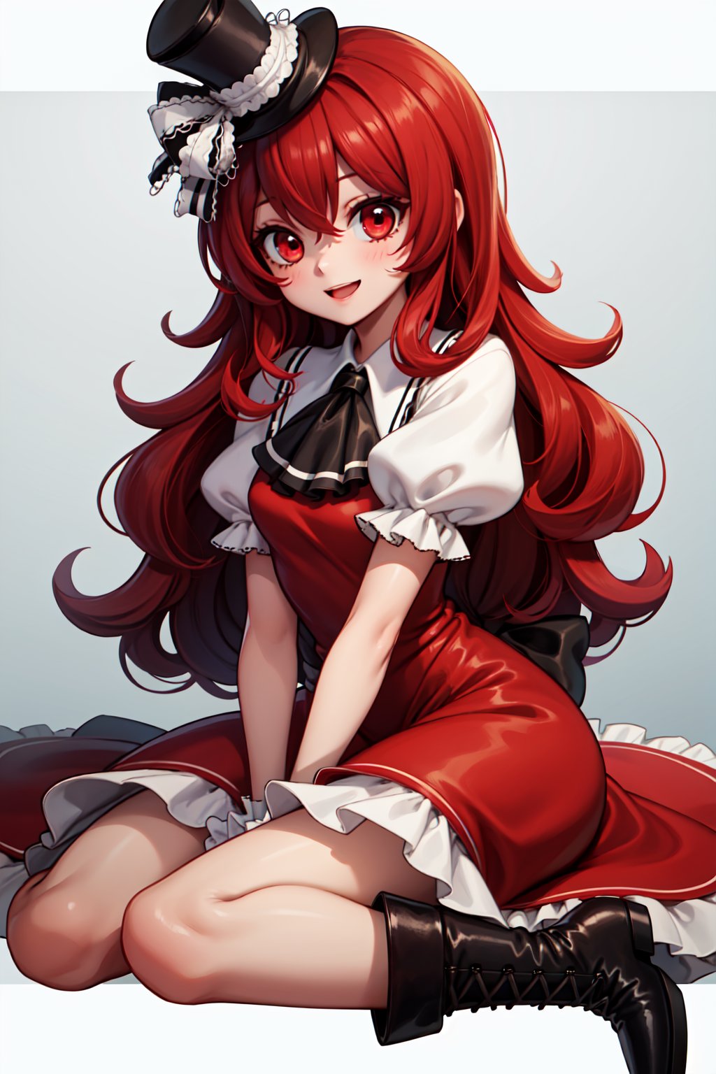 (1girl, solo,Henrietta_grimm, red hair, long hair,wavy hair, red eyes, red dress,puffy sleeves,short sleeves,bow, top hat,(white sleeves), black ascot,happy, sitting, boots),red hair