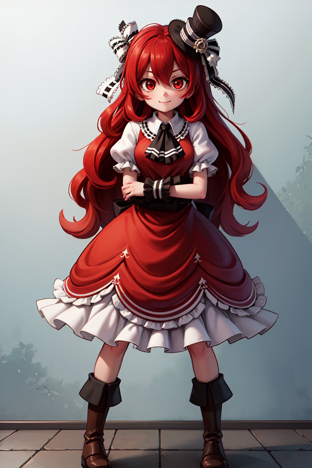 (1girl, solo,(Henrietta_grimm,25 yo), red hair, long hair,wavy hair, red eyes,puffy sleeves,short sleeves,bow, top hat,(white sleeves), black ascot,,happy,crossing arms),cartoon,dress, brown boots, full body,cartoon style, standing, looking at viewer