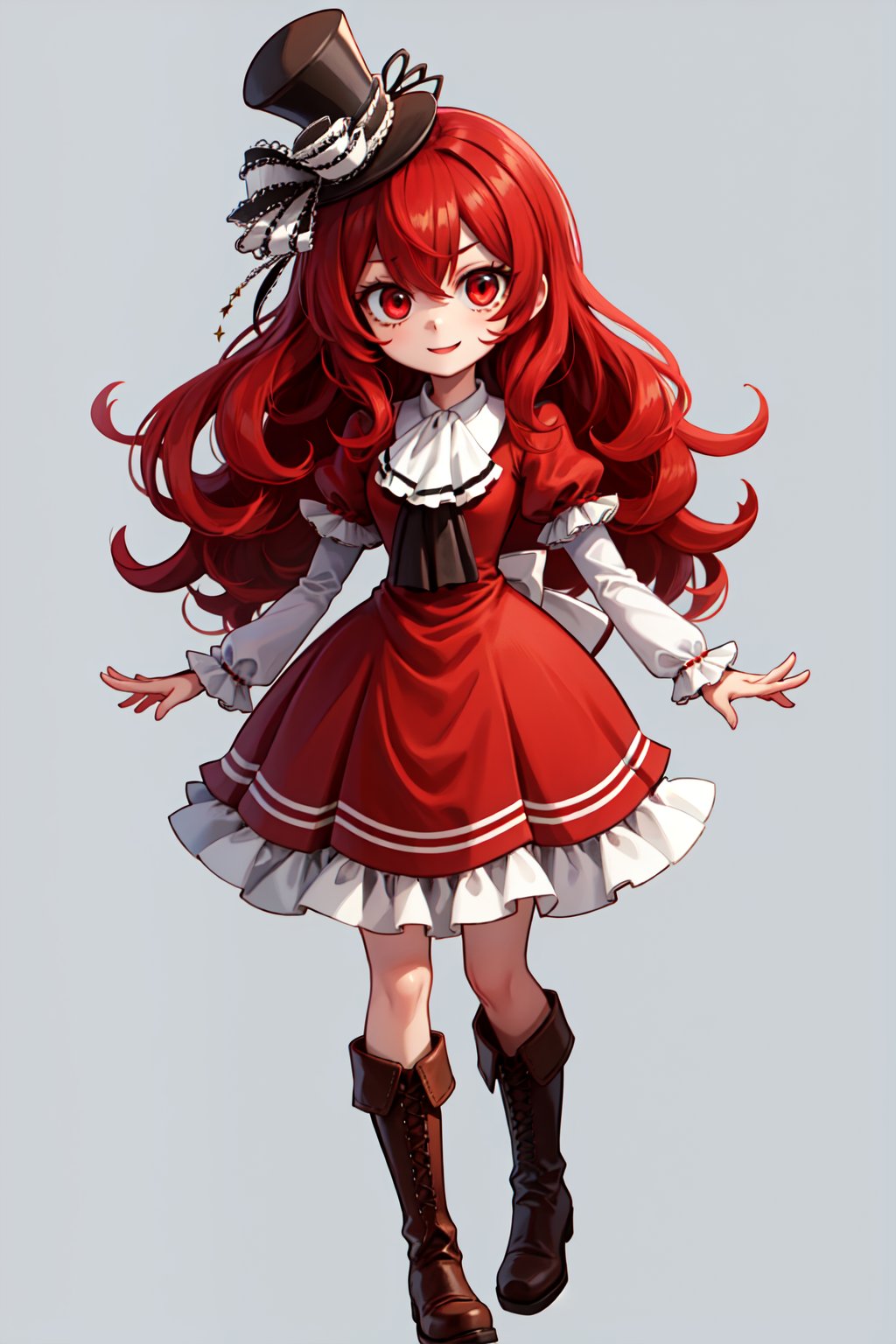 (1girl, solo,(Henrietta_grimm,25 yo), red hair, long hair,wavy hair, red eyes,puffy sleeves,short sleeves,bow, top hat,(white sleeves), black ascot,,happy,crossing arms), brown boots, full body, (standing), looking at viewer, red dress
