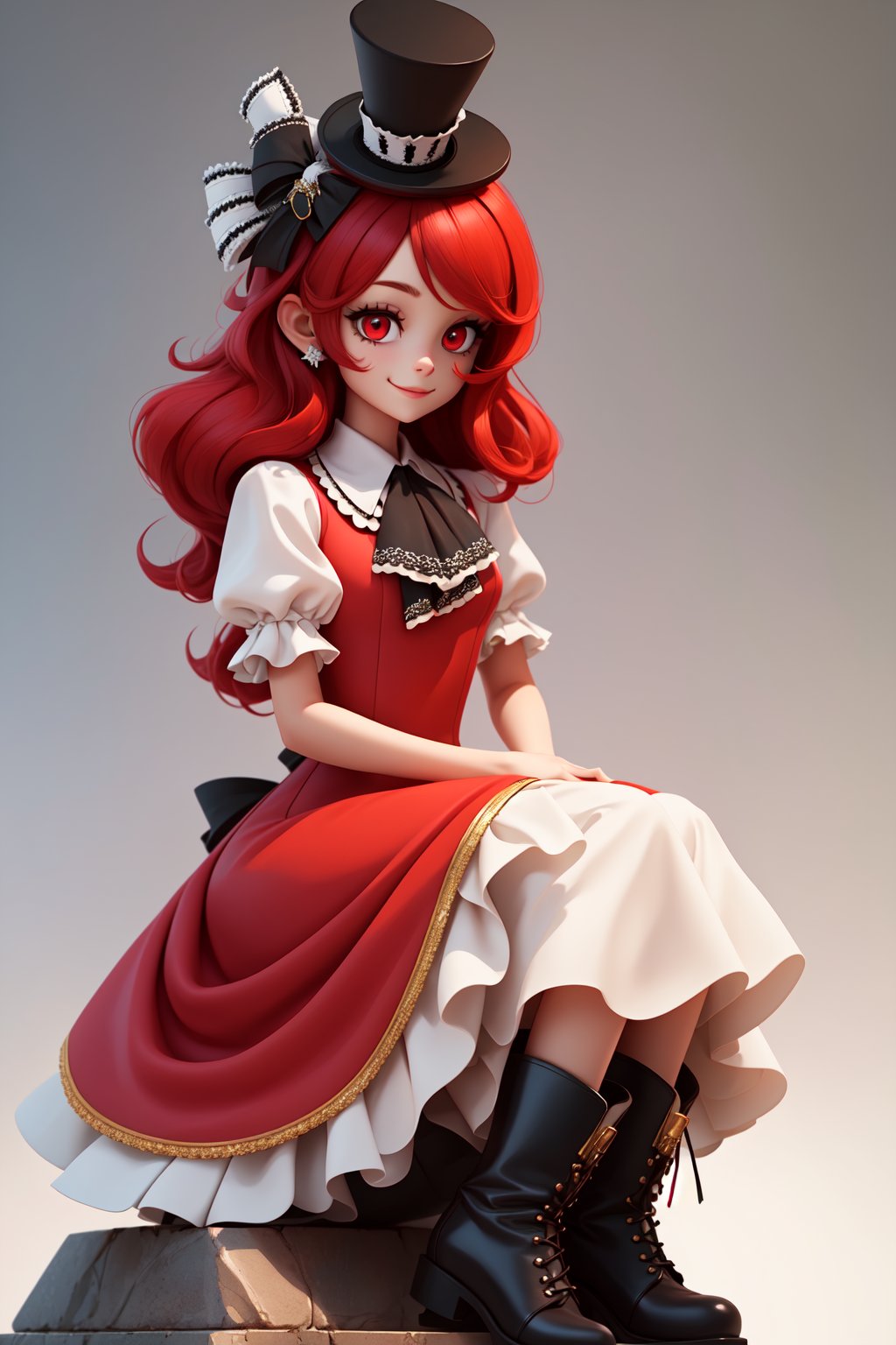 (1girl, solo,Henrietta_grimm, red hair, long hair,wavy hair, red eyes, red dress,puffy sleeves,short sleeves,bow, top hat,(white sleeves), black ascot,happy, sitting, boots),red hair,3D MODEL