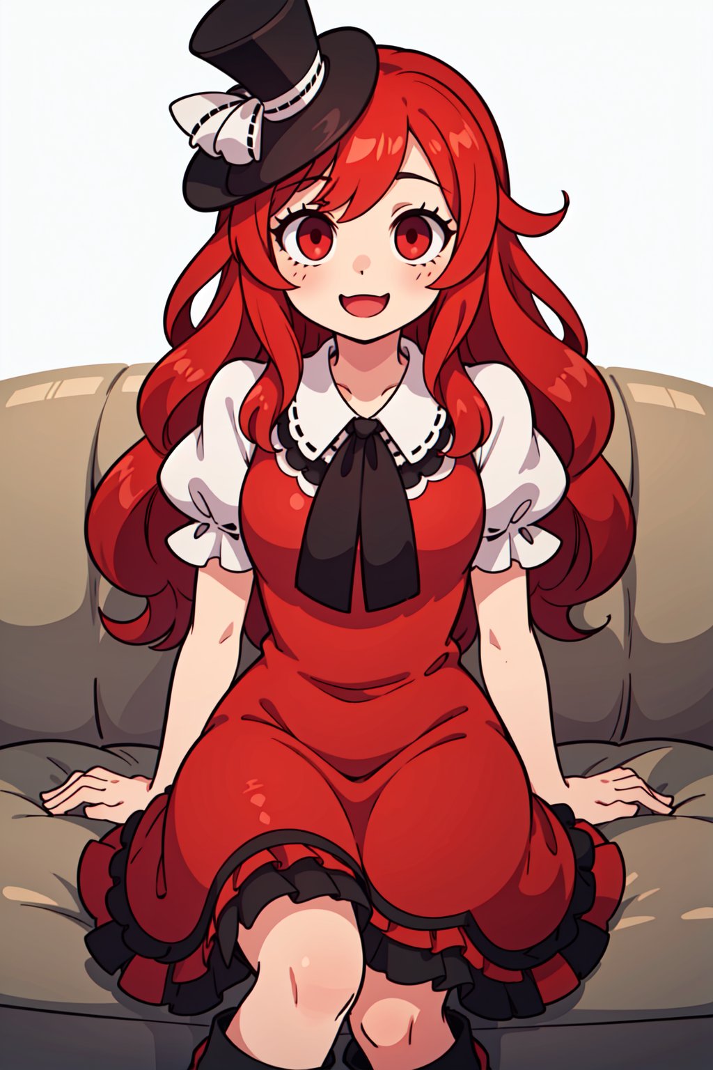 (1girl, solo,Henrietta_grimm, red hair, long hair,wavy hair, red eyes, red dress,puffy sleeves,short sleeves,bow, top hat,(white sleeves), black ascot,happy, sitting, boots),red hair,3D MODEL,cartoon
