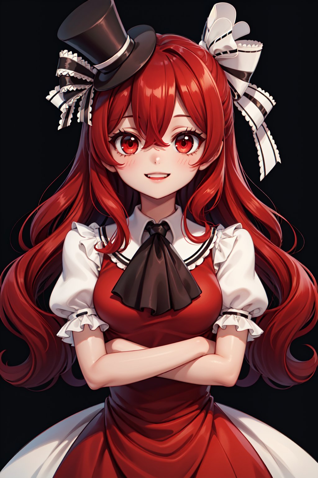 (1girl, solo,Henrietta_grimm, red hair, long hair,wavy hair, red eyes, red dress,puffy sleeves,short sleeves,bow, top hat,white sleeves, black ascot,happy, crossing arms)