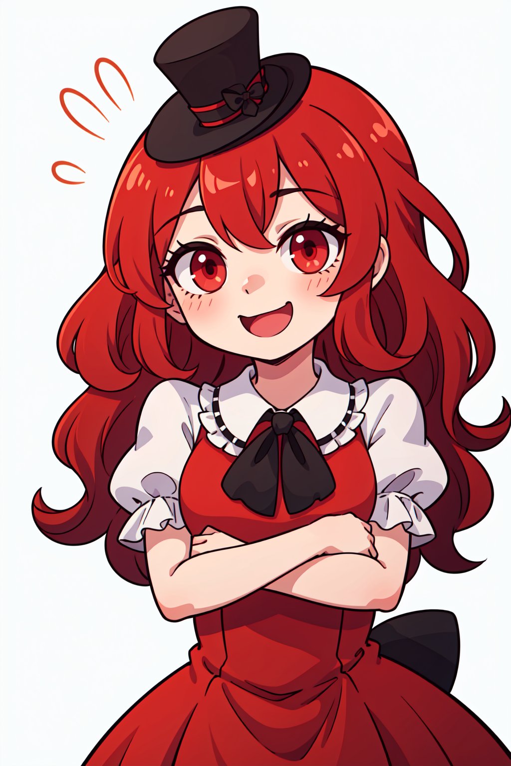 (1girl, solo,Henrietta_grimm, red hair, long hair,wavy hair, red eyes, red dress,puffy sleeves,short sleeves,bow, top hat,(white sleeves), black ascot,happy,crossing arms)