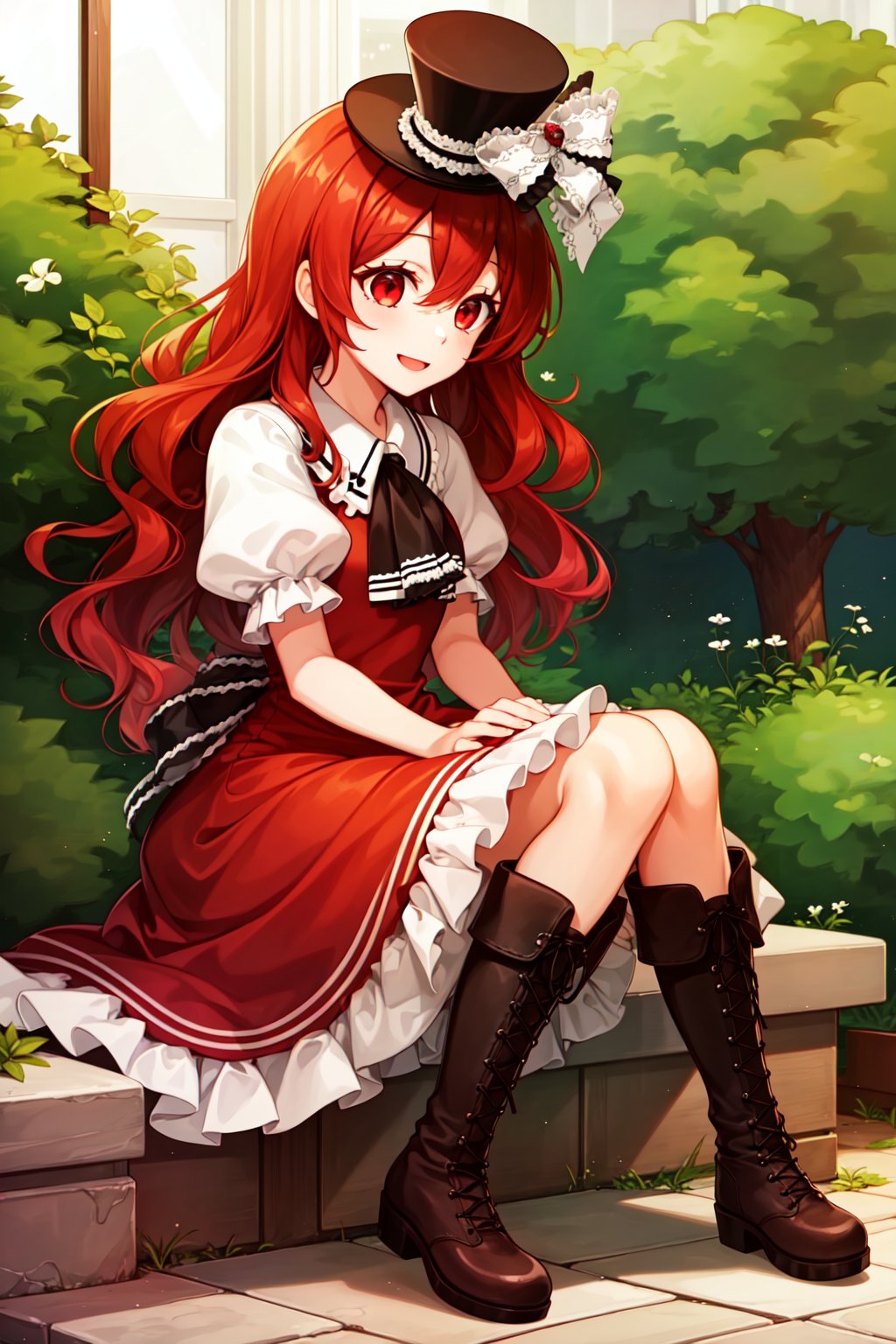 (1girl, solo,Henrietta_grimm, red hair, long hair,wavy hair, red eyes, red dress,puffy sleeves,short sleeves,bow, top hat,(white sleeves), black ascot,happy, sitting, boots),red hair