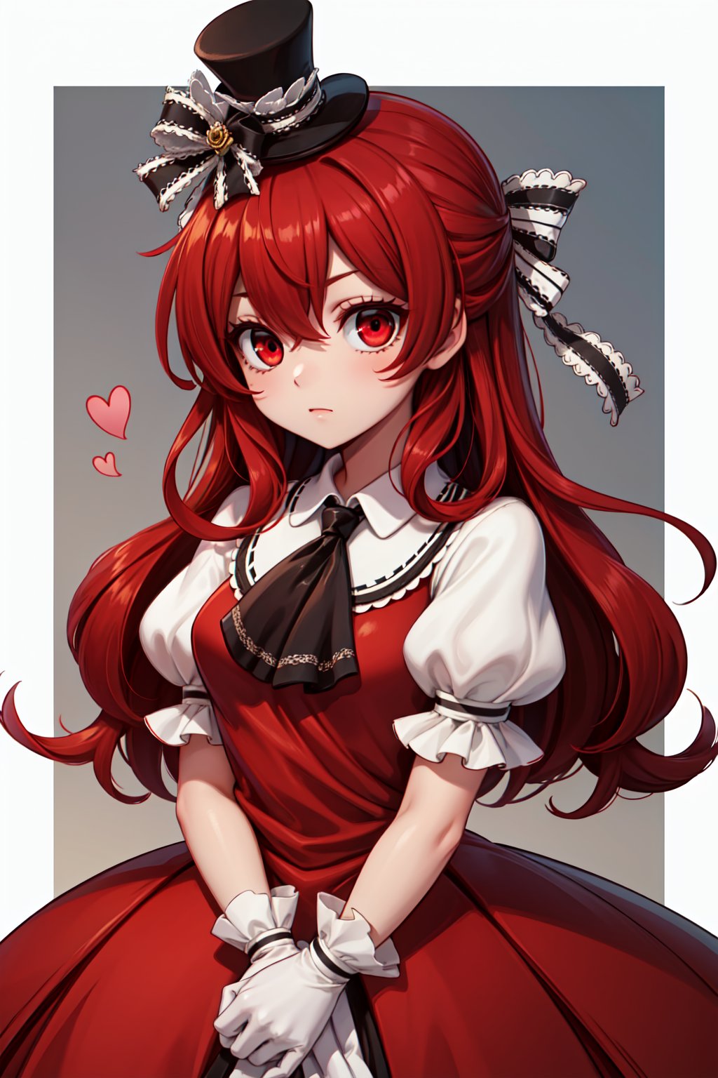 (1girl, solo,Henrietta_grimm, red hair, long hair, red eyes, red dress,puffy sleeves,short sleeves,bow,white sleeves, mini top hat, black ascot)