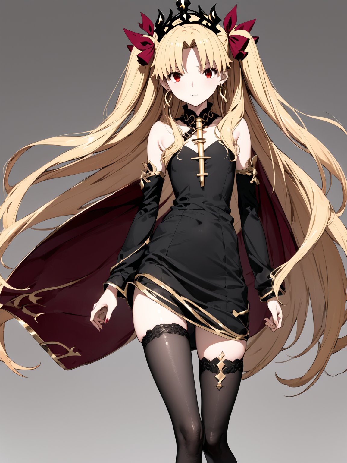 //Quality,
masterpiece, best quality, detailed
,//Character,
solo,ereshkigal \(fate\), 1girl, long hair, blonde hair, two side up, red eyes
,//Fashion,
earrings, jewelry, tiara, hair ribbon, black dress, short dress, detached sleeves, red cape, black thighhighs, gold trim, footwear
,//Background,
white_background, simple background
,//Others,

