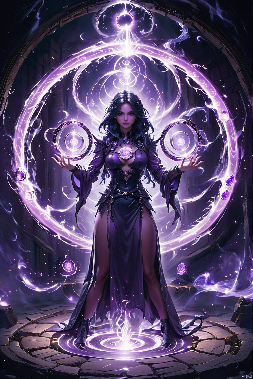 fullbody shot of a sexy purple demon female, casting black spell rings, circular glowing rings in each hand, multiple spell rings, looking at viewer, fantasy dungeon in background, hkmagic, best quality, super detaild, ultra detaild, amazing quality, super realistic, Spell rings, 35mm film photography