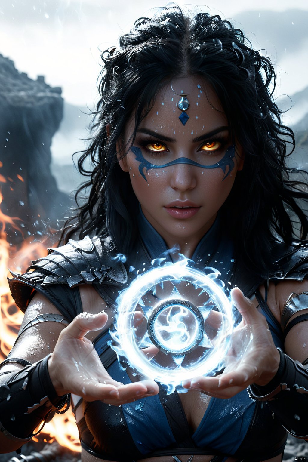  Spell rings   Mortal Kombat style, wounded defeated woman kitana fire spell rings, circular glowing rings in each hand, multiple spell rings, silver eyes, European appearance, face mask, warrior, weapons, thriller, sweat droplets, sweaty, cinematic location, battle, scorched battlefield, mist, Spell rings