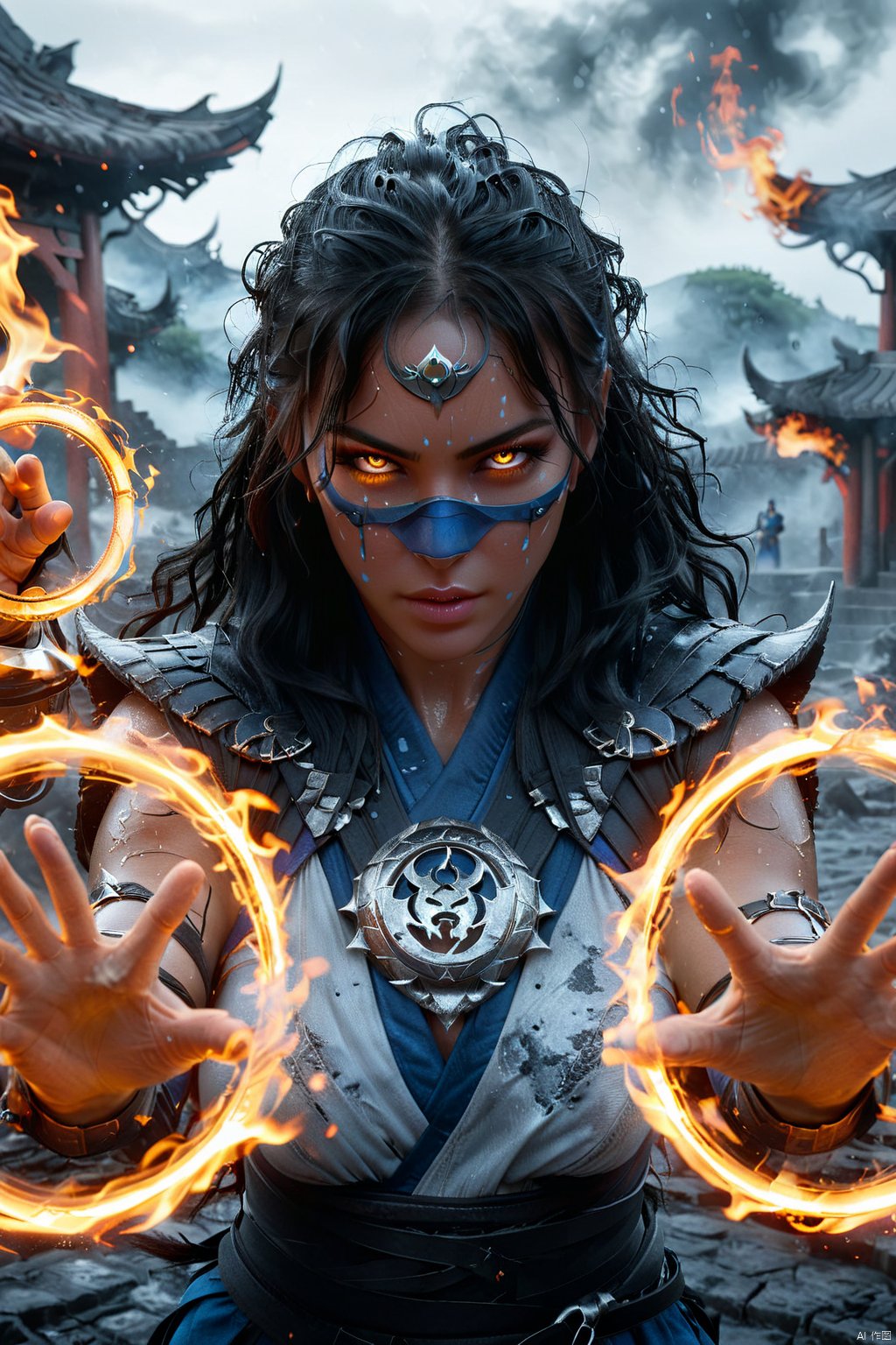  Spell rings   Mortal Kombat style, wounded defeated woman kitana fire spell rings, circular glowing rings in each hand, multiple spell rings, silver eyes, European appearance, face mask, warrior, weapons, thriller, sweat droplets, sweaty, cinematic location, battle, scorched battlefield, mist, Spell rings