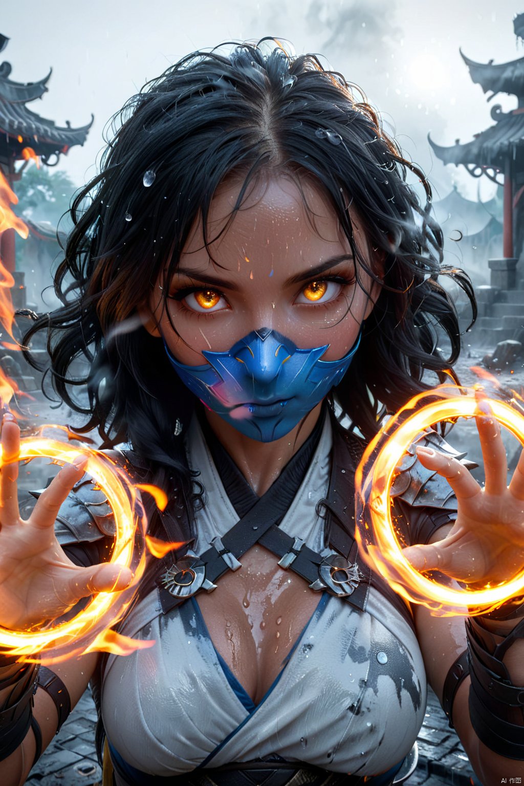  Spell rings   Mortal Kombat style, wounded defeated woman kitana fire spell rings, circular glowing rings in each hand, multiple spell rings, silver eyes, European appearance, face mask, warrior, weapons, thriller, sweat droplets, sweaty, cinematic location, battle, scorched battlefield, mist, Spell rings