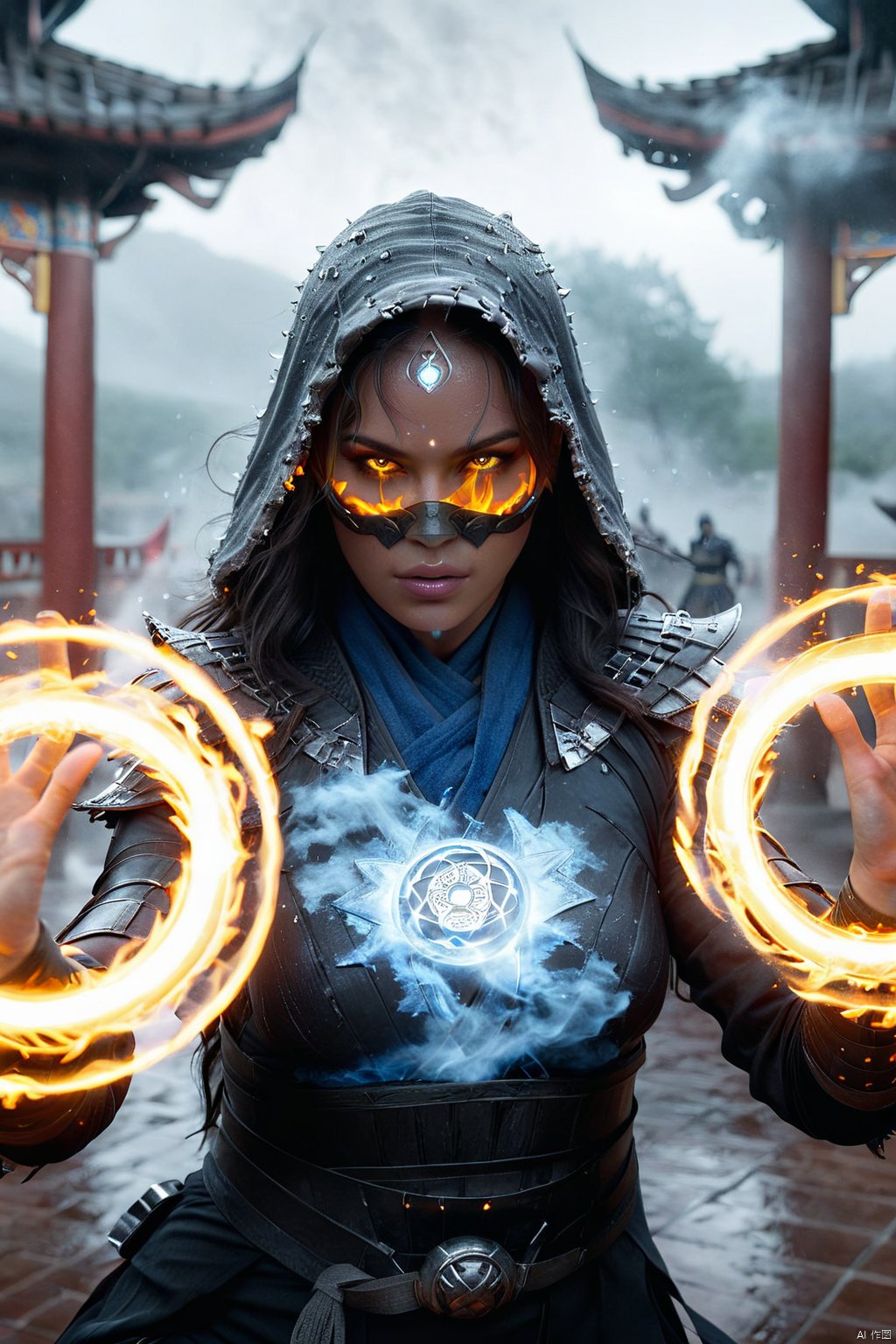  Spell rings   Mortal Kombat style, wounded defeated woman kitana fire spell rings, circular glowing rings in each hand, multiple spell rings, silver eyes, European appearance, face mask, warrior, weapons, thriller, sweat droplets, sweaty, cinematic location, battle, scorched battlefield, mist, Spell rings